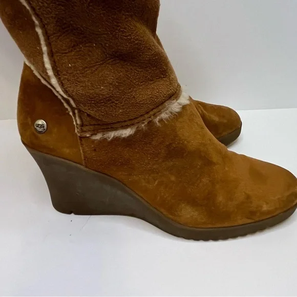 UGG Women's Sandra S/N 5449 Tan Leather Shearling Tall Wedge Boots Size 8 - Picture 6 of 16